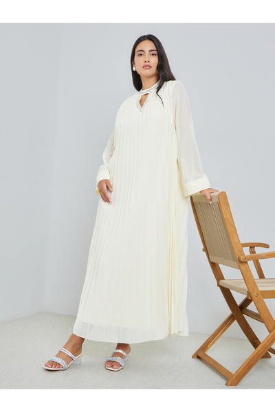 Styli Cream Pleated Embellished Neckline Maxi Dress