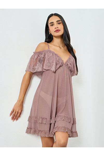 Take Two By Styli Brown Ruffle Lace Hem Slip Dress