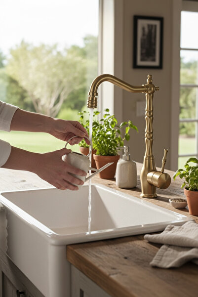 İSAOĞLU YAPI Matte Gold Retro Kitchen Faucet with Swivel Head Functional Brus...