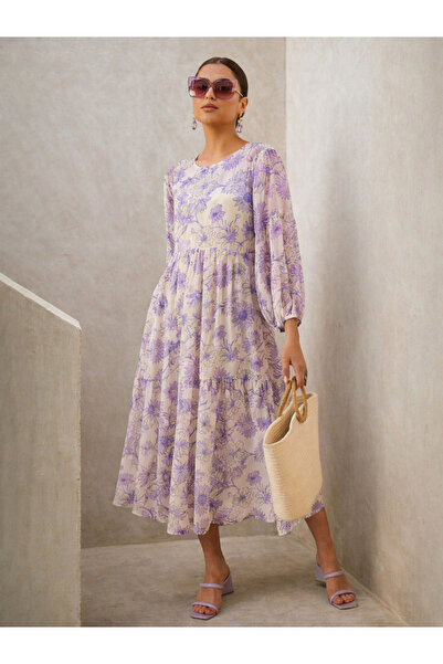 Sassafras By Styli Floral Print Balloon Sleeve Tiered Midi Dress