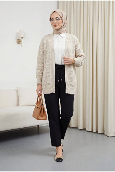 Modamorfo Patterned Araboy Knitted Knitwear Cardigan - Stone