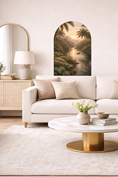 Sim Tasarım Tropski pejzaž i vodopad, palma, ovalni luk, zidna naljepnica