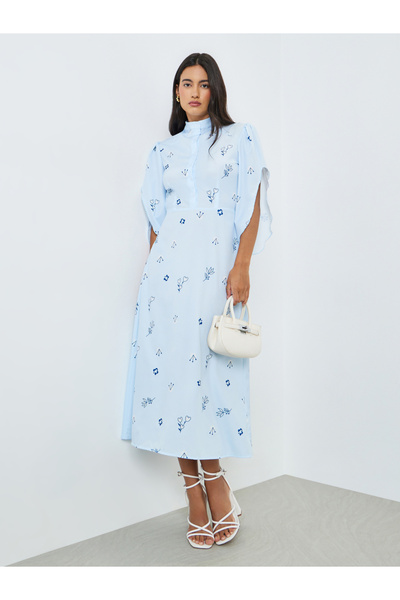 Styli Blue Floral Print Buttoned A-Line Midi Dress