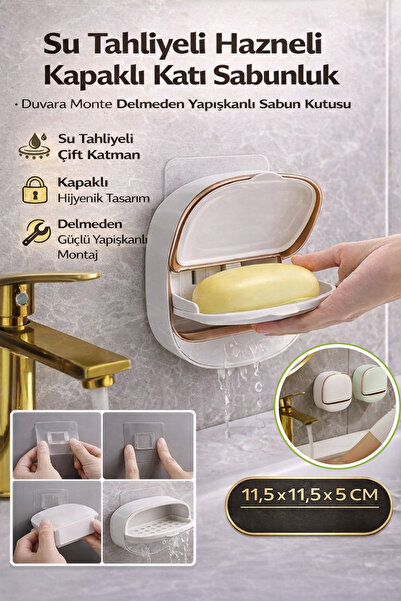 Hane Dostu Su Tahliyeli Hazneli Kapaklı Katı Sabunluk – Duvara Monte Delmeden...