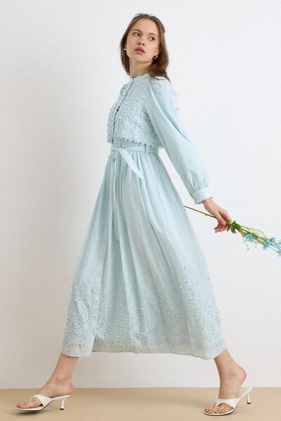 Olcay Exclusive Dress with Cape and Skirt with Three-Dimensional Appliques Li...