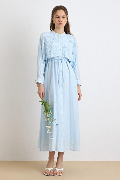 Olcay Dress with Gathered Detail and Cape Open Blue 9433-E