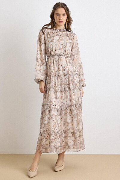 Olcay Fır Fır Detailed Floral Patterned Crystal Chiffon Dress Brown 9435-E
