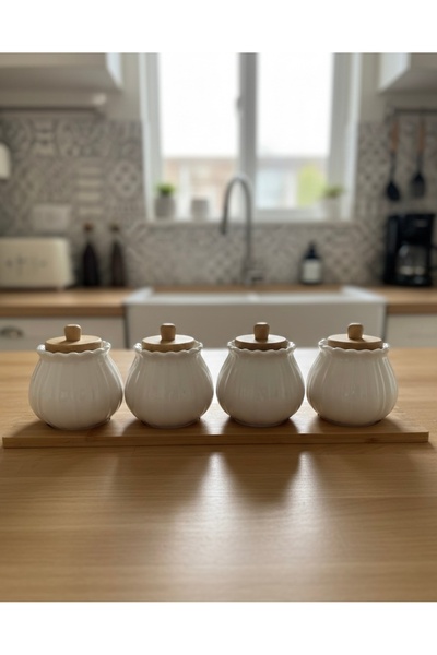 EmayeBurada Bambu Standlı 4’lü Seramik Seti /Ahşap Kapaklı Dekoratif Baharat ...