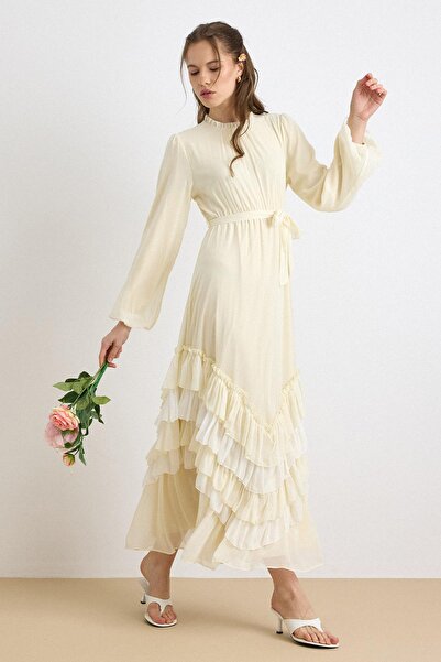 Olcay Layered Skirted Chiffon Dress with Gathered Waist Yellow 9428-E