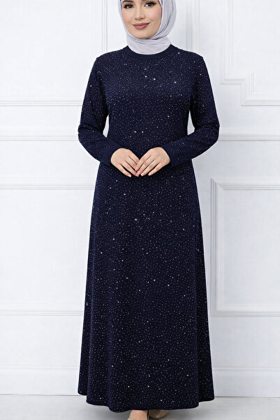 Giyinen Mağazaları Navy Blue Hasret Round Neck Caviar Print Stylish Stone Emb...