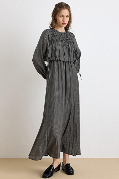 Olcay Drawstring and Lace Detailed Waist Gathered Dress Anthracite 9434-E