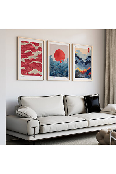 Artiera Σετ ζωγραφικής 3 τεμαχίων Red Sun Waves Japandi Art με ξύλινο πλαίσιο