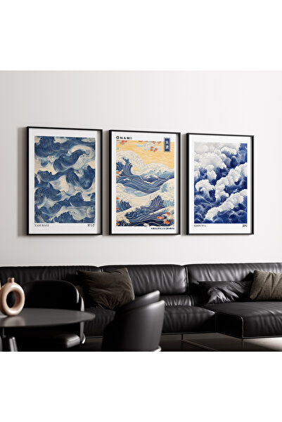 Artiera Σετ ζωγραφικής 3 τεμαχίων Blue Waves Japandi Art με ξύλινο πλαίσιο