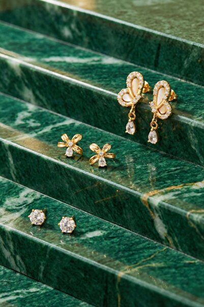 POEM JEWELLERY Kadın Takı 3’lü Küpe Seti Zirkon Taşlı Altın Kaplama Paslanmaz...