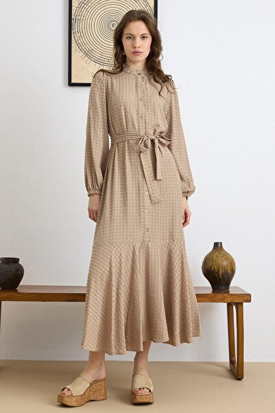 Olcay Flared Skirt Self-Patterned Dress Kamel 9443-E