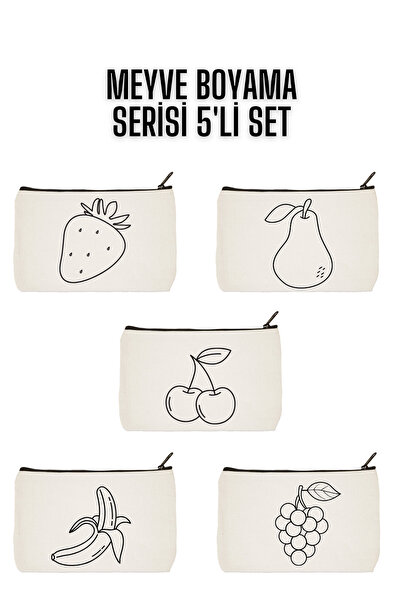 designedfy Meyveler Kalemlik Boyama Çantası 5'li Set, Makyaj Çantası