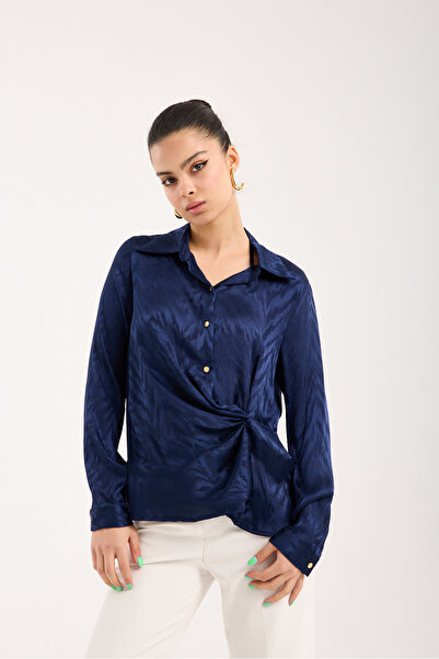Moda Days Half Placket Gathered Front Satin Jacquard Shirt