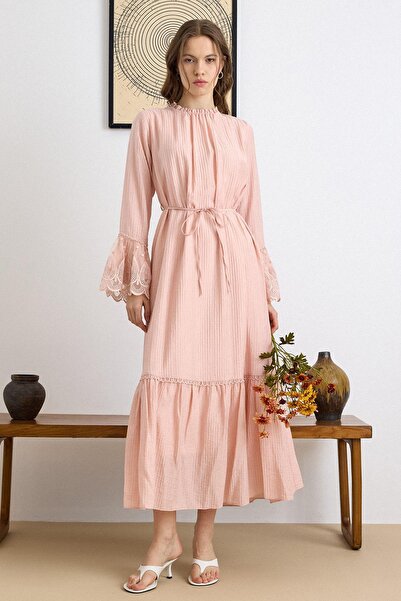 Olcay Fisto Detailed Lace-Up Sleeves Dress Pudra 9429-E