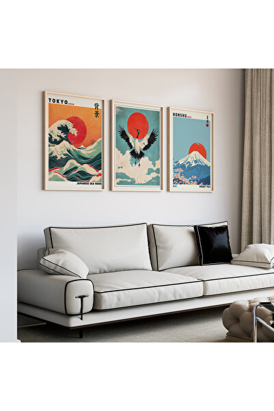 Artiera Σετ ζωγραφικής 3 τεμαχίων Red Sun Mount Fuji Crane Japandi Art με ξύλ...