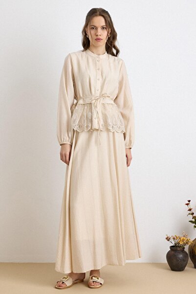 Olcay Guipure Detailed Shirt Skirt Exclusive Set Beige 9439-Tk