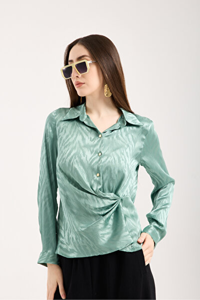 Moda Days Half Placket Gathered Front Satin Jacquard Shirt