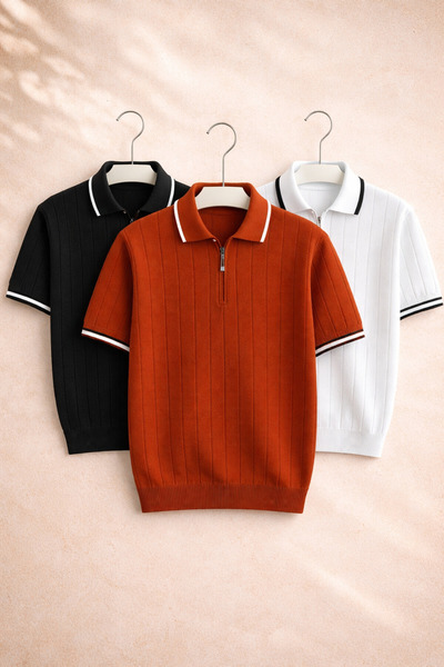 OTAKU Tricou confortabil pentru bărbați, din tricotaj cu nervuri, cu guler po...