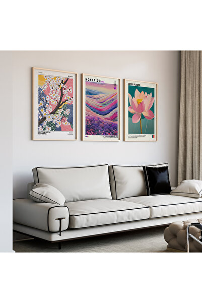 Artiera Σετ ζωγραφικής 3 τεμαχίων με ξύλινο πλαίσιο Sakura Lavender Lotus Jap...