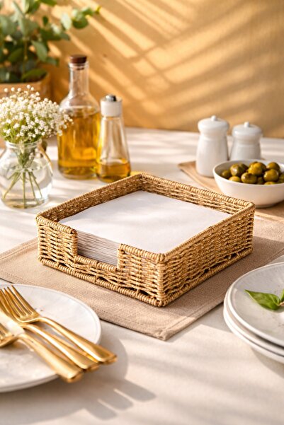 Tuppee Rattan Hasır Peçetelik 17.5x17.5x6.5 cm – Standart Peçete Uyumlu Dekoratif Sunumluk