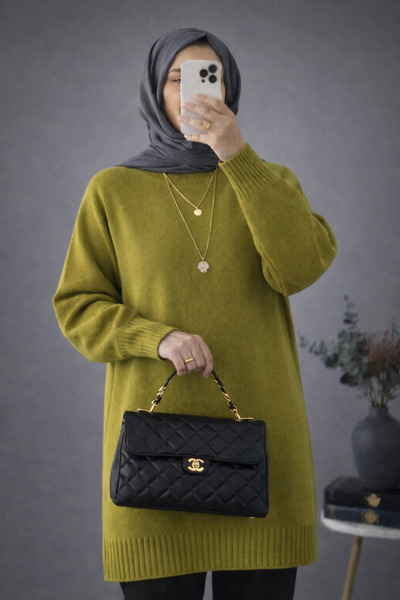 ModaAzen Yağ Yeşili Bisiklet Yaka Oversize Kadın Triko Tunik