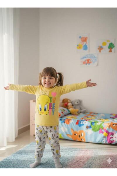İpek Girls' Long Sleeve 100% Cotton Tweety Pattern Pajama Set