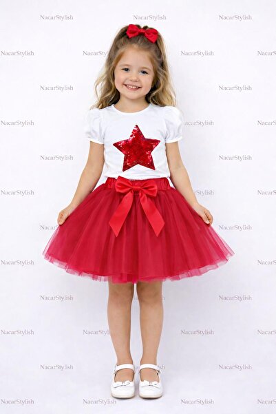 Nacar 23 Nisan 29 Ekim Gösteri Kıyafeti Yıldız Detaylı Tişort Tütü Etekli Kız...