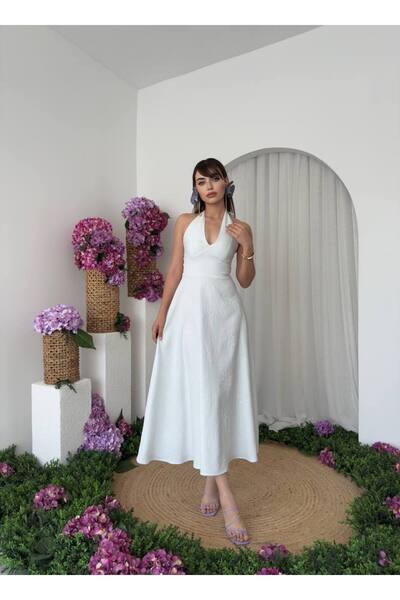 YURELİ Halter Yaka Midi Simli Kloş Elbise