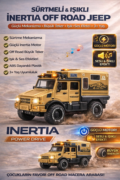 YILDIRIM OYUNCAK Pilli Işıklı Sesli Sürtmeli Off Road Kahverengi Jeep | Büyük...