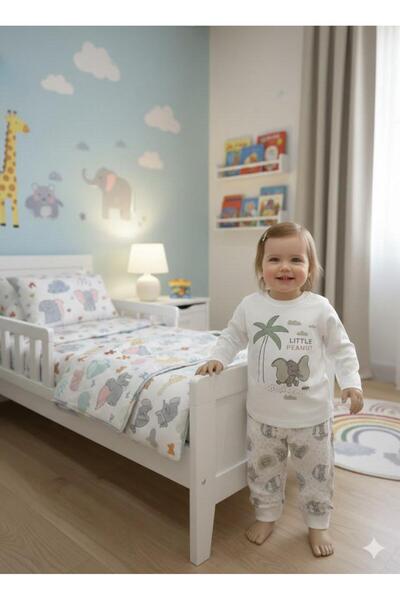 İpek Girls' Long Sleeve 100% Cotton Elephant Pattern Pajama Set