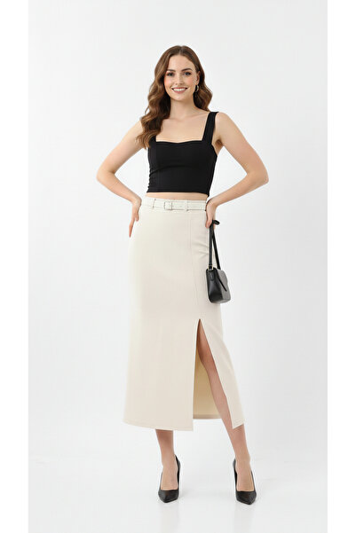 MAİMODA Women's Belted Suede Maxi Pencil Skirt