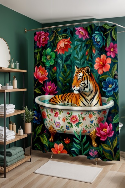 EVPANYA Bathroom Curtain, Floral Tiger Bath Patterned Shower Curtain, Bathtub...