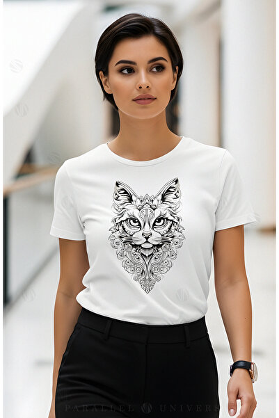 PARUNIV Women's Artistic Cat Line Art T-shirt, modern fashion