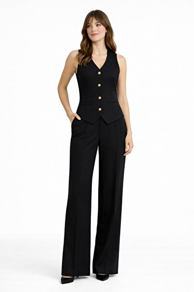 M&N Γυναικείο Μαύρο Σετ σετ κοστούμι με γιλέκο παντελόνι palazzo – Φαρδιά μπα...