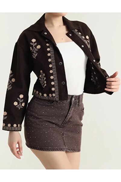 diğer588 Kahverengi Nakışlı Çıtçıtlı Gabardin Kadın Ceket