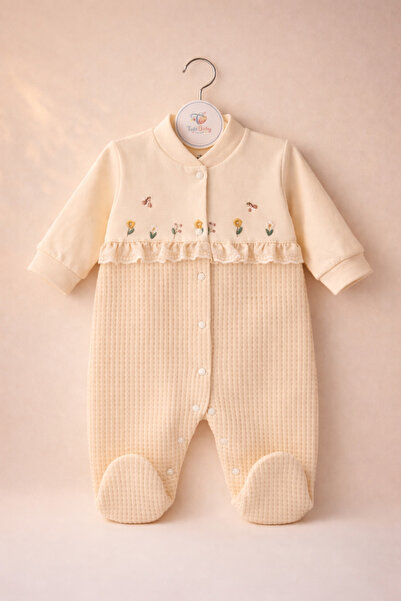 Gaye Kız Bebek Çiçek Nakışlı Dokulu Patikli Tulum