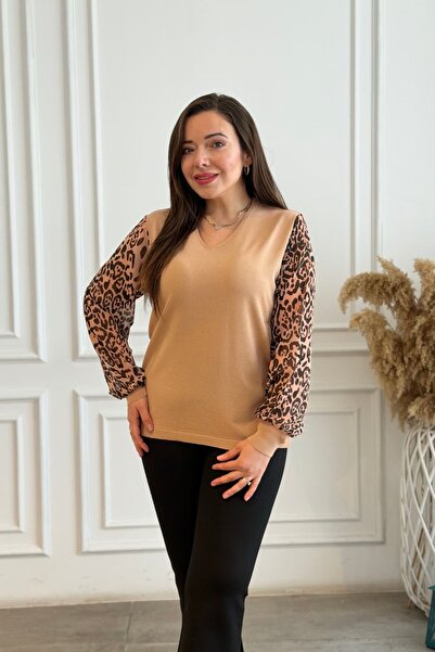 yb yağmur butik V-Neck Sleeves Leopard Patterned Knitwear