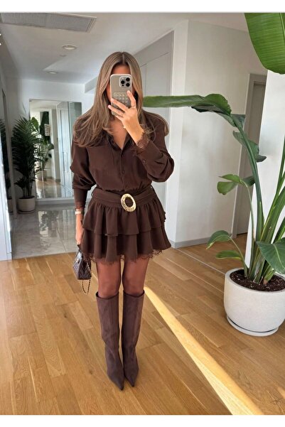 Look Kadıköy Gömlek Yaka Dantel Detay Mini Kemerli Elbise