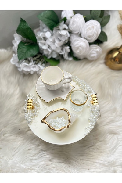 RESİNARTSHOP Epoksi Tepsi Damat Tepsi Seti krem zemin+incili