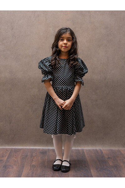 KÜÇÜĞÜM BUTİK Rochie neagră pentru fete, cu buline piese, cu curea, poplin cloș