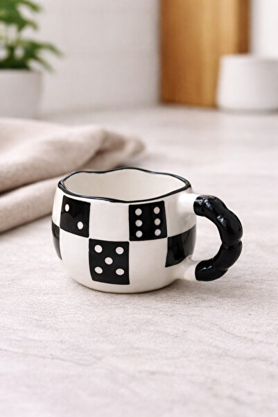 Çağ Seramik Zar Patterned Handmade Ceramic Mug – Cream Coffee Cup with Black ...