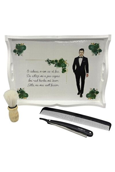 OEM Set tava alba pentru gatitul mirelui, 4 piese, tava, pamatuf, brici, pieptan