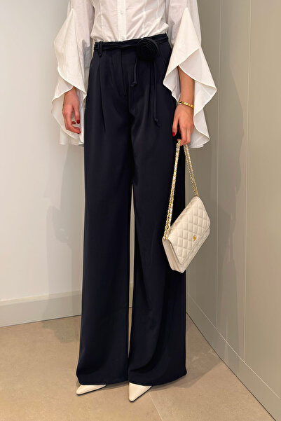 MAGARDE Noul sezon pantaloni palazzo cu detalii trandafirii - ALBASTRU ÎNCHIS