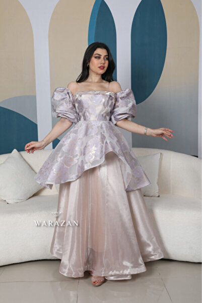 Warazan Elegant dress with puff sleeves and two types of fabric