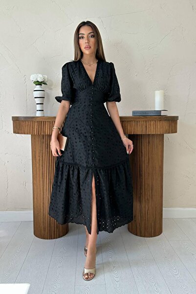 Caddebostan Moda Rochie lungă cu decolteu în V detaliu încrețit brodat dantelă