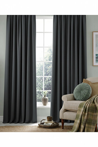 MRC Tekstil Anthracite Blackout Light-Proof Blackout Satin Curtain with Corni...